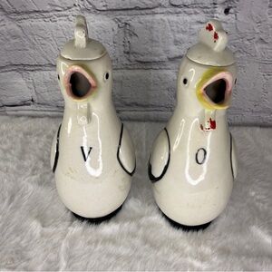 Vintage Chicken Oil & Vinegar Cruet Set Rooster Figural Mid Century Kitchen Deco